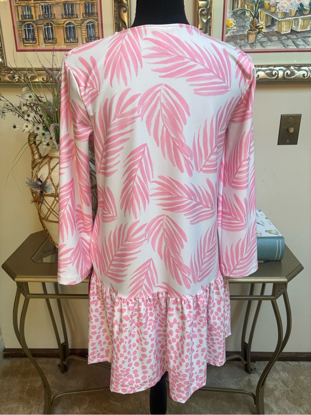 Kaeli Smith Pink & White Tropical Palm-Print Leopard Drop-Waist Dress Size XS-S - Picture 3 of 10
